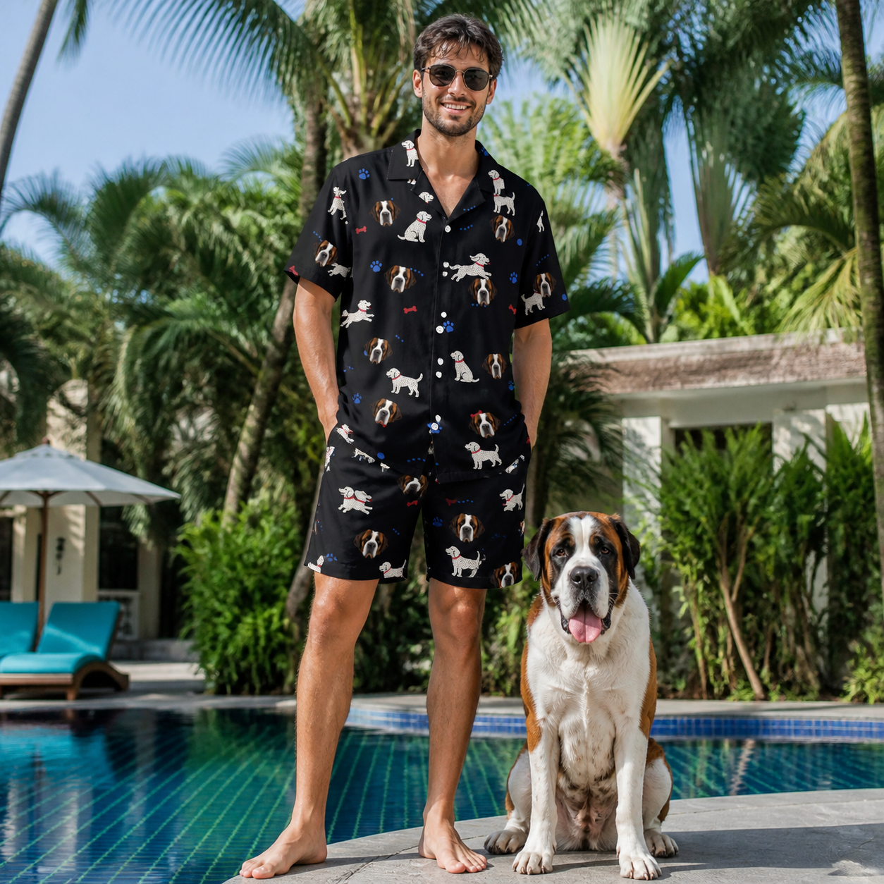 Full-length photo with the pet printed all over this Men's Doggo Dandies Custom Dog Face Shirt & Shorts Set