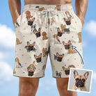 Man wearing Men's Woof Whimsy Custom Dog Face Beach Shorts — custom faces printed all-over