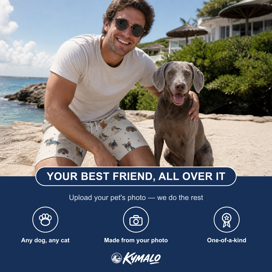 Friends in matching Men's Woof Whimsy Custom Dog Face Beach Shorts — a group gift photo