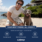 Friends in matching Men's Woof Whimsy Custom Dog Face Beach Shorts — a group gift photo