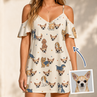 Woman wearing Women's Woof Whimsy Custom Dog Face Off-Shoulder Dress — custom faces printed all-over