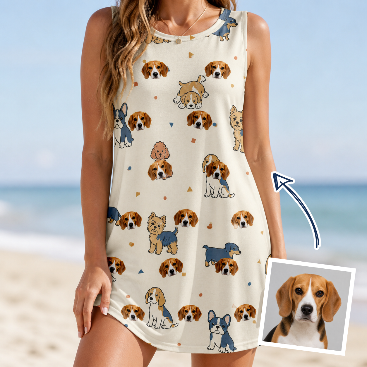 Woman wearing Women's Woof Whimsy Custom Dog Face Tank Dress — custom faces printed all-over