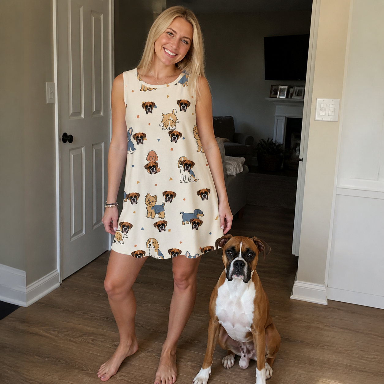 Full-length photo with the pet printed all over this Women's Woof Whimsy Custom Dog Face Tank Dress