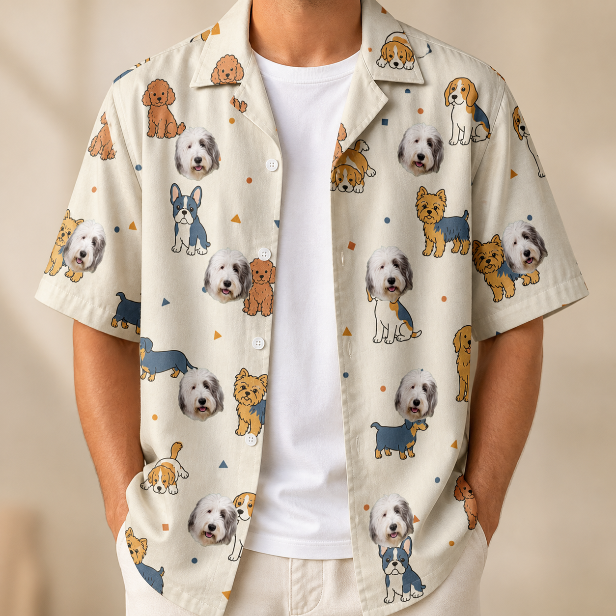 Man wearing Men's Woof Whimsy Custom Dog Face Hawaiian Shirt open over a white tee
