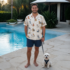 Full-length photo with the pet printed all over this Men's Woof Whimsy Custom Dog Face Hawaiian Shirt
