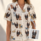 Woman wearing Women's Woof Whimsy Custom Dog Face Hawaiian Shirt — custom faces printed all-over