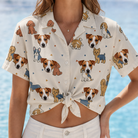 Woman wearing Women's Woof Whimsy Custom Dog Face Hawaiian Shirt tied at the waist