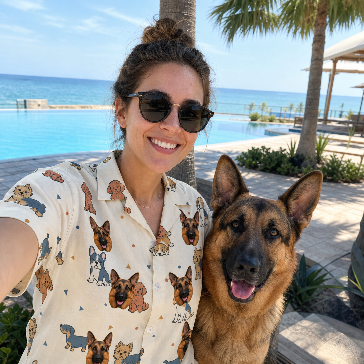 Selfie with the pet whose face is printed all over this Women's Woof Whimsy Custom Dog Face Hawaiian Shirt
