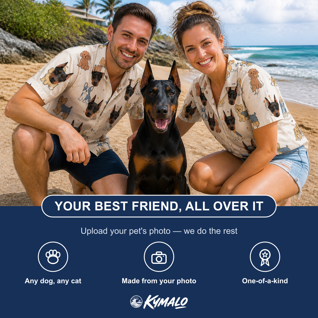 Friends in matching Women's Woof Whimsy Custom Dog Face Hawaiian Shirt — a group gift photo