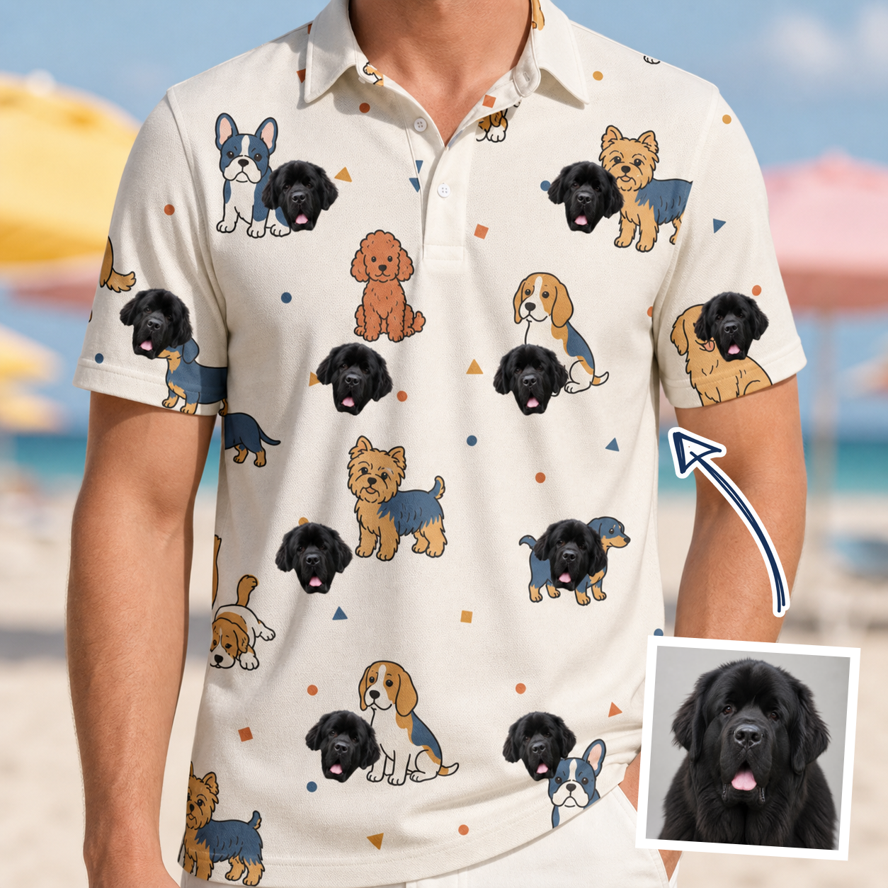 Man wearing Men's Woof Whimsy Custom Dog Face Polo Shirt — custom faces printed all-over