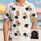 Man wearing Men's Woof Whimsy Custom Dog Face Polo Shirt — custom faces printed all-over