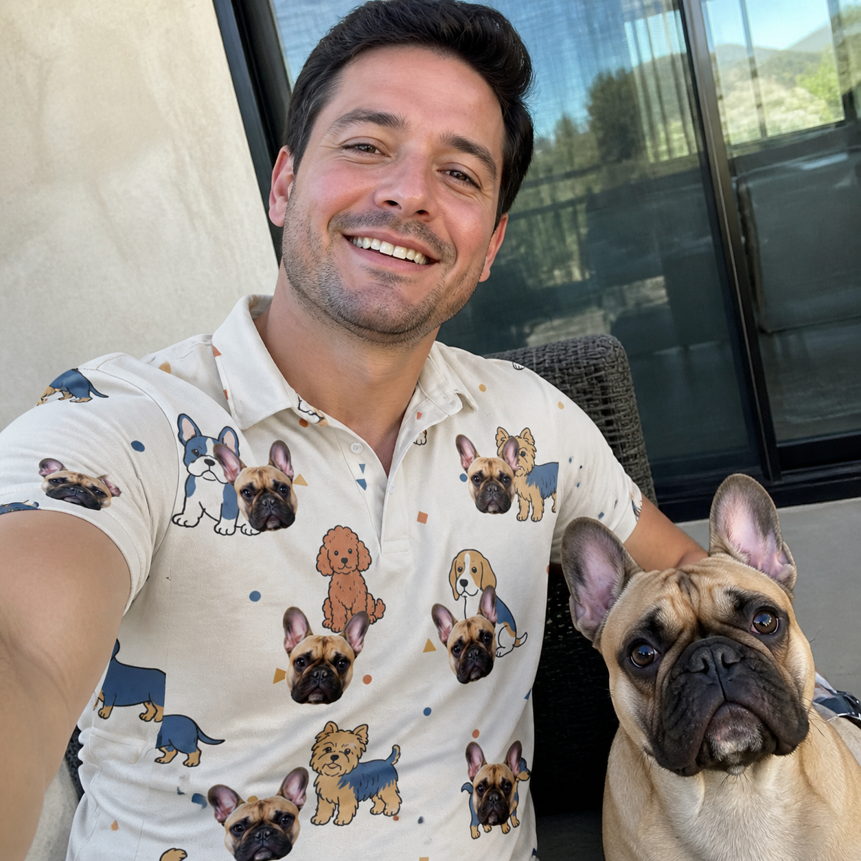 Selfie with the pet whose face is printed all over this Men's Woof Whimsy Custom Dog Face Polo Shirt