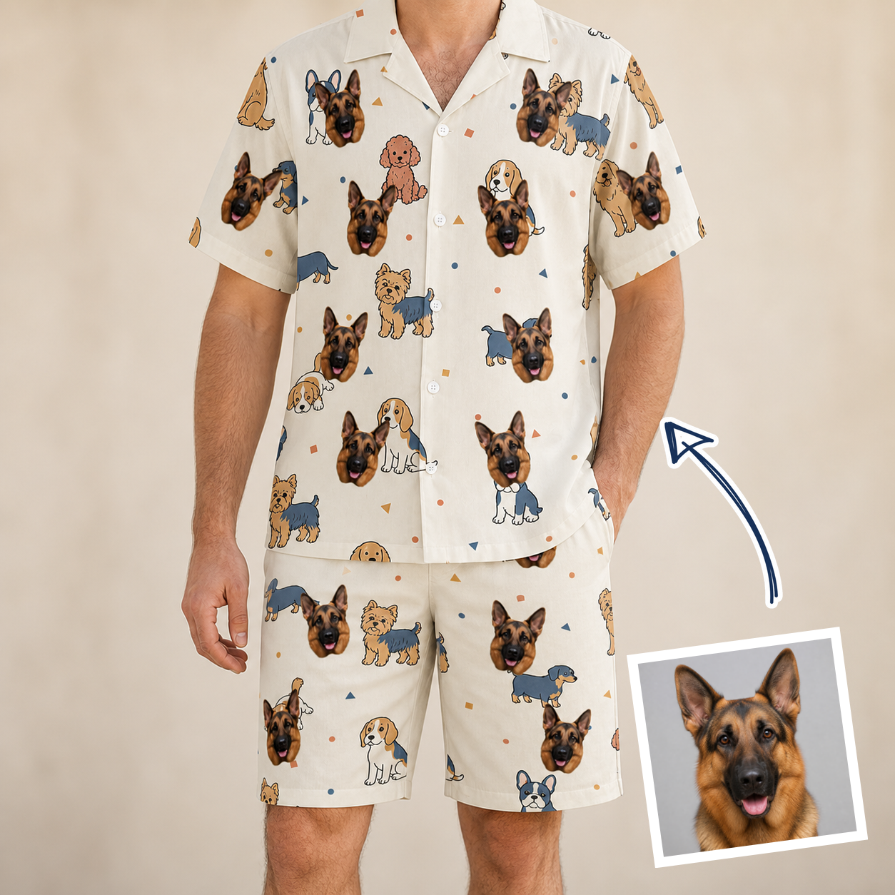 Man wearing Men's Woof Whimsy Custom Dog Face Shirt & Shorts Set — custom faces printed all-over