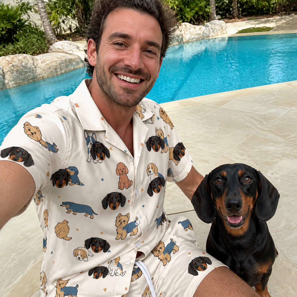 Selfie with the pet whose face is printed all over this Men's Woof Whimsy Custom Dog Face Shirt & Shorts Set