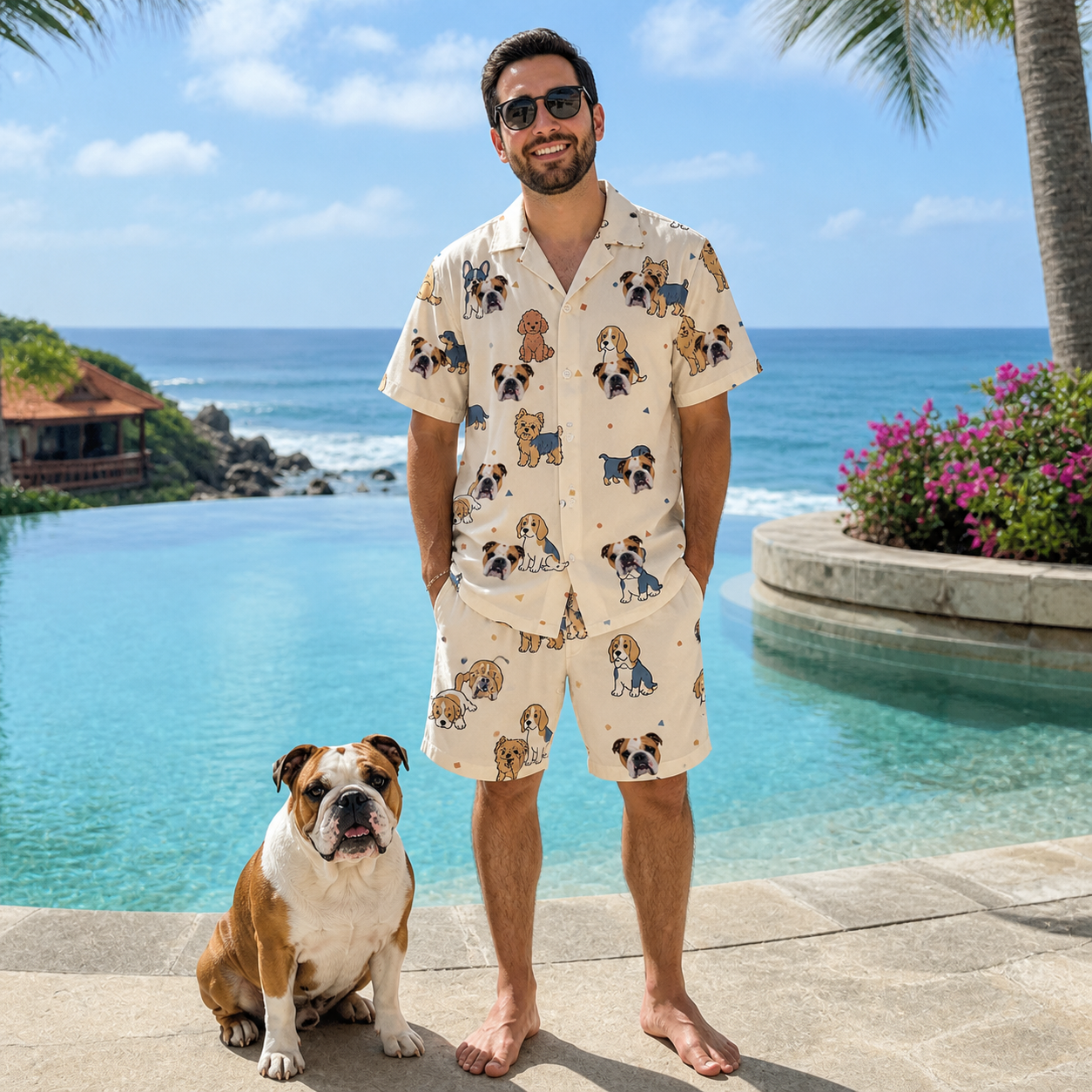Full-length photo with the pet printed all over this Men's Woof Whimsy Custom Dog Face Shirt & Shorts Set