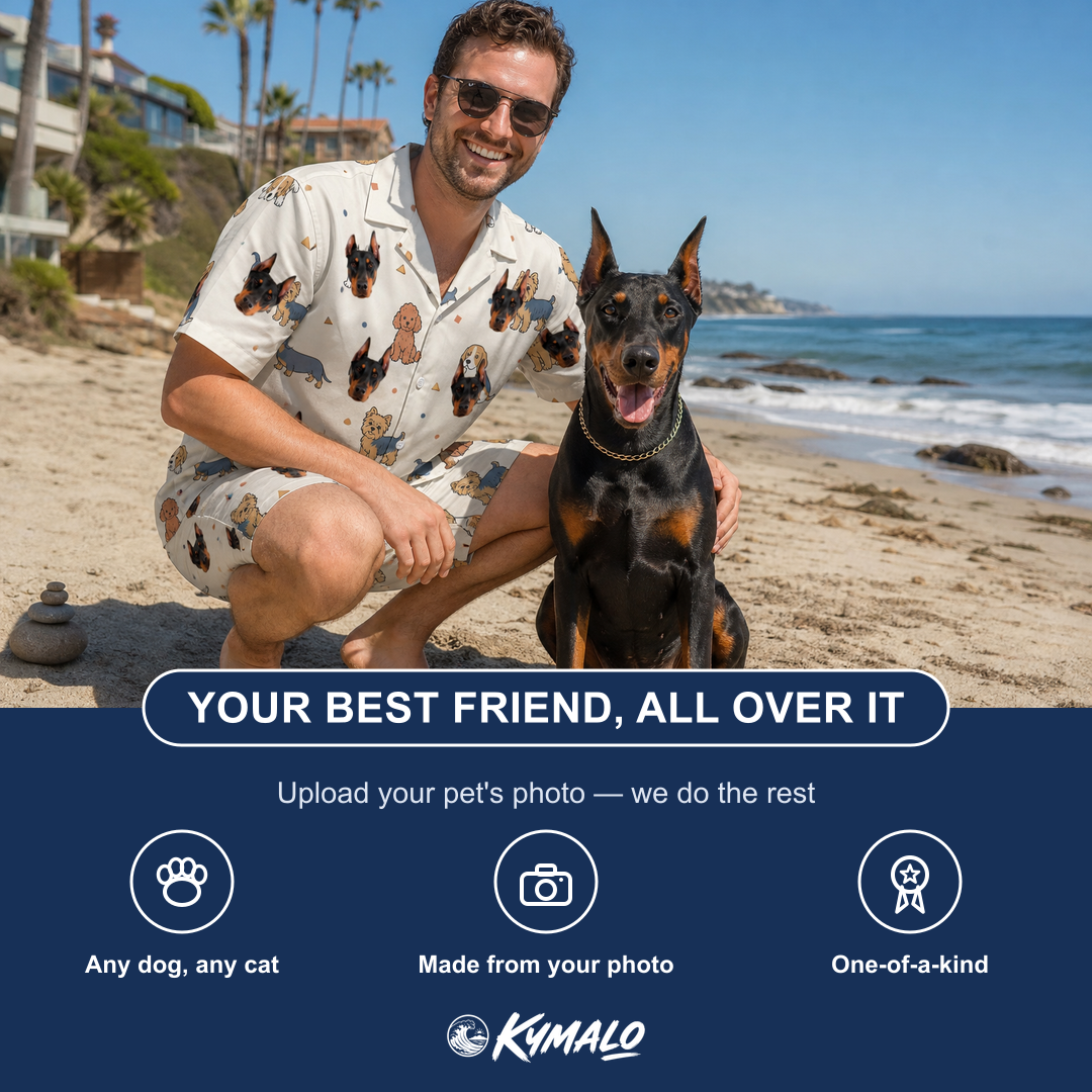 Friends in matching Men's Woof Whimsy Custom Dog Face Shirt & Shorts Set — a group gift photo