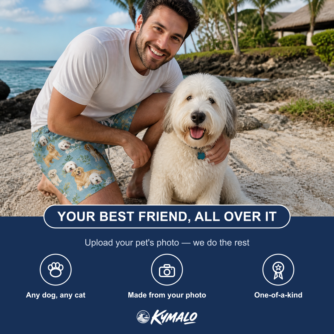 Friends in matching Men's Doggone Doodles Custom Dog Face Beach Shorts — a group gift photo