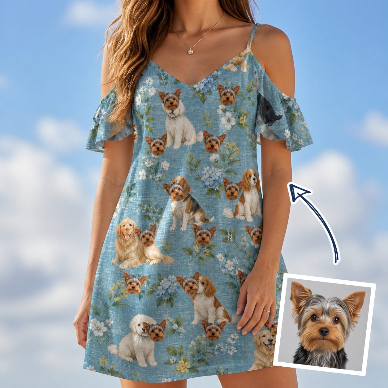 Woman wearing Women's Doggone Doodles Custom Dog Face Off-Shoulder Dress — custom faces printed all-over