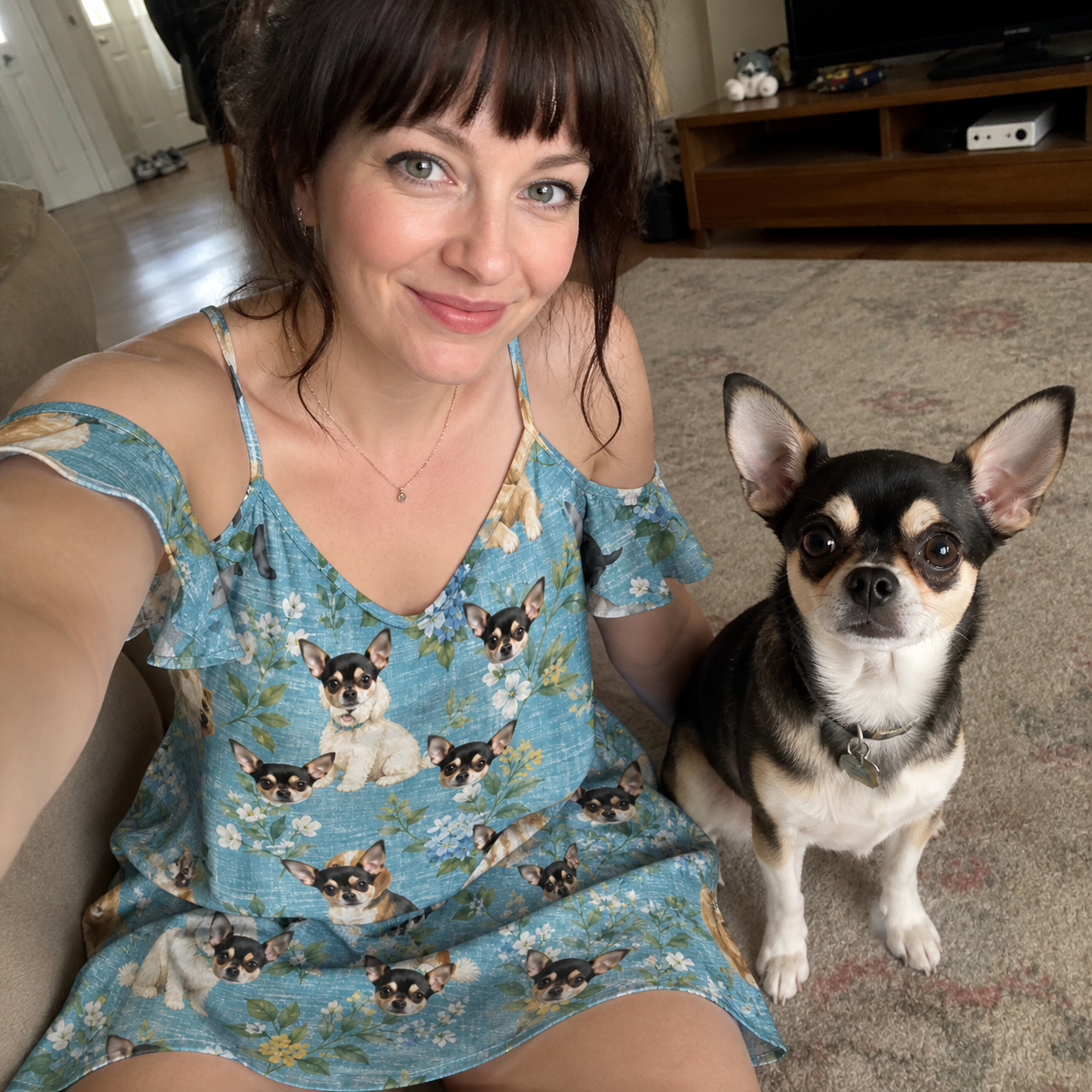 Selfie with the pet whose face is printed all over this Women's Doggone Doodles Custom Dog Face Off-Shoulder Dress