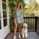 Full-length photo with the pet printed all over this Women's Doggone Doodles Custom Dog Face Off-Shoulder Dress