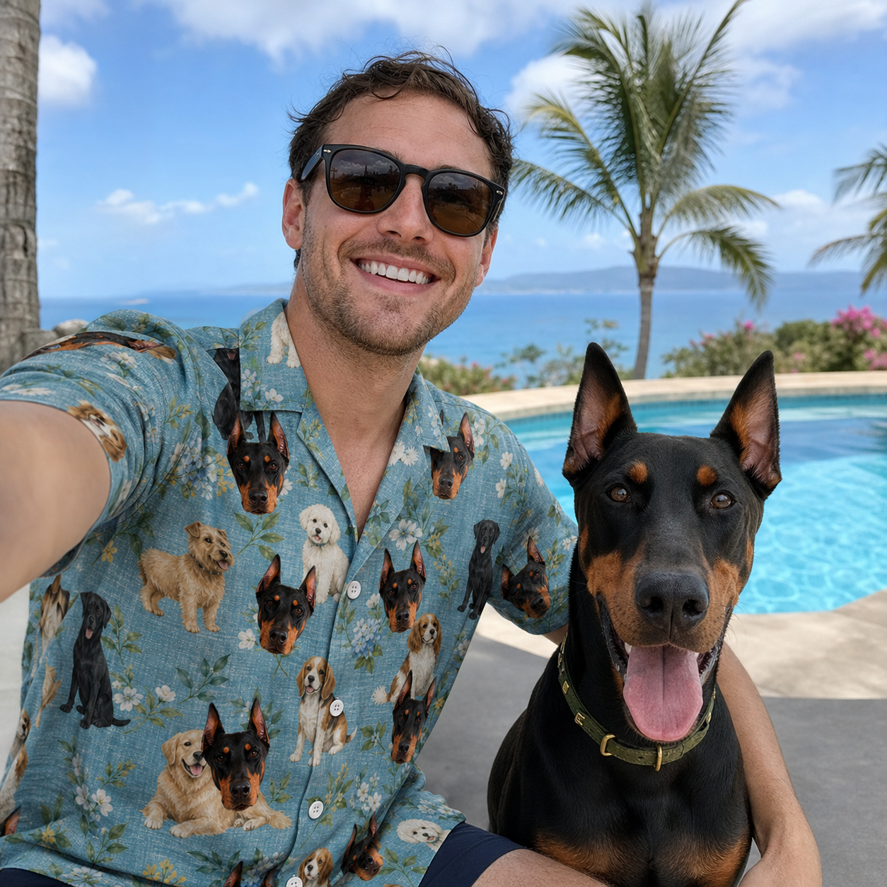 Selfie with the pet whose face is printed all over this Men's Doggone Doodles Custom Dog Face Hawaiian Shirt