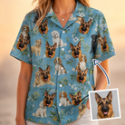 Woman wearing Women's Doggone Doodles Custom Dog Face Hawaiian Shirt — custom faces printed all-over