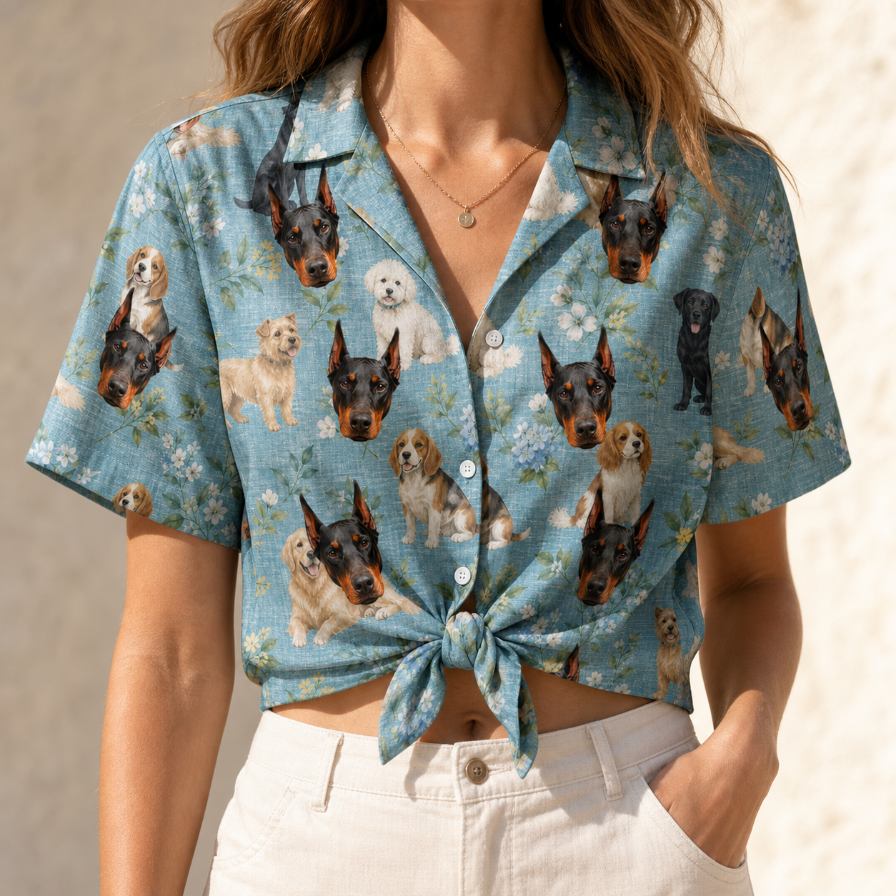 Woman wearing Women's Doggone Doodles Custom Dog Face Hawaiian Shirt tied at the waist