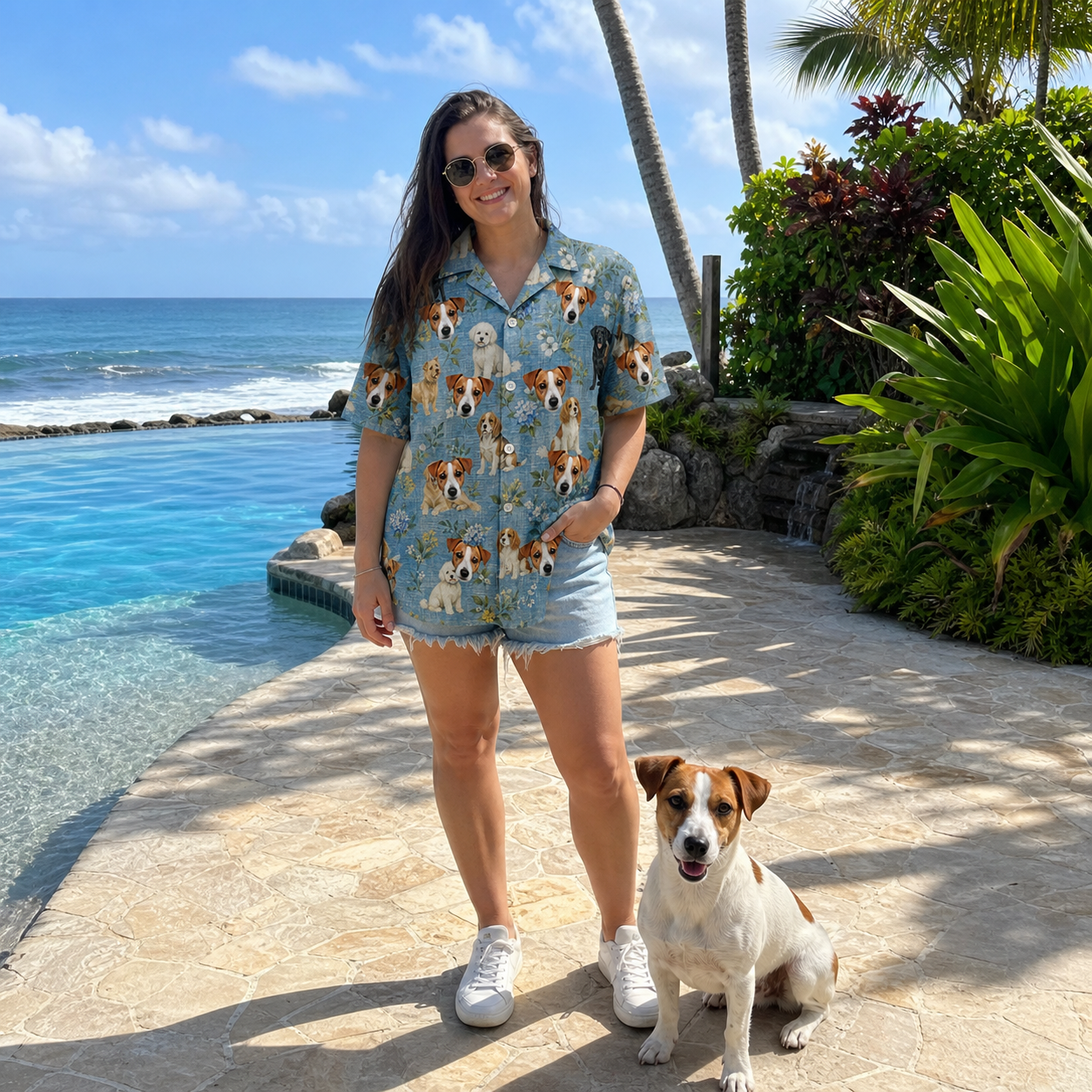 Full-length photo with the pet printed all over this Women's Doggone Doodles Custom Dog Face Hawaiian Shirt