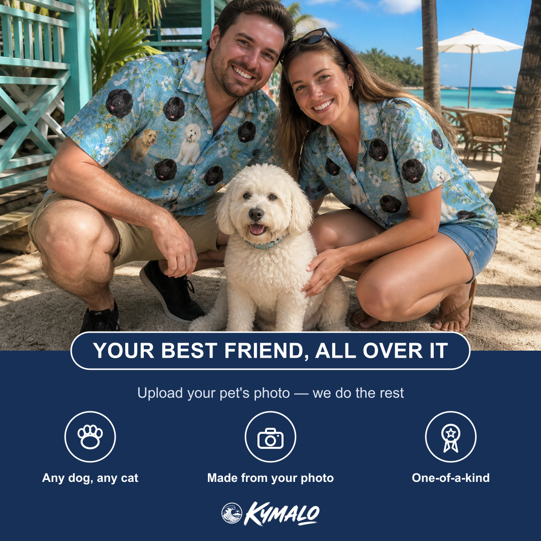 Friends in matching Women's Doggone Doodles Custom Dog Face Hawaiian Shirt — a group gift photo