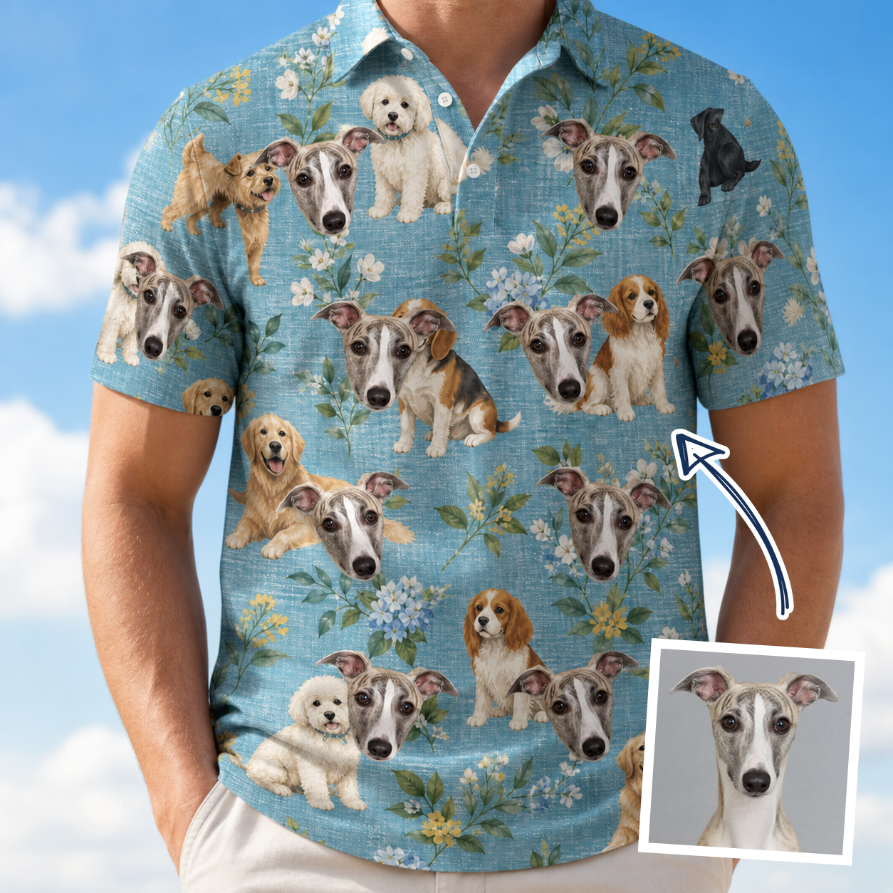 Man wearing Men's Doggone Doodles Custom Dog Face Polo Shirt — custom faces printed all-over