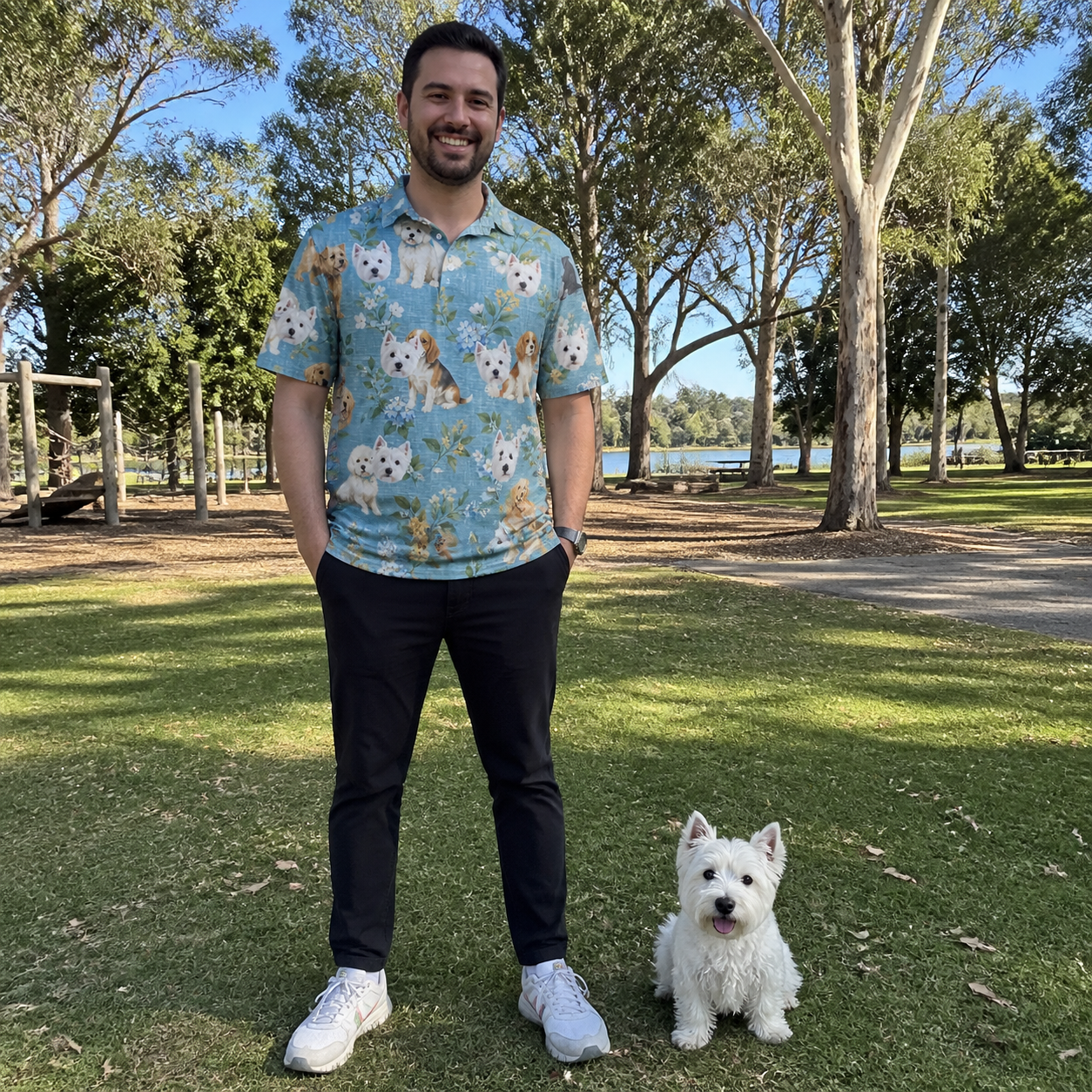 Full-length photo with the pet printed all over this Men's Doggone Doodles Custom Dog Face Polo Shirt
