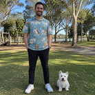 Full-length photo with the pet printed all over this Men's Doggone Doodles Custom Dog Face Polo Shirt