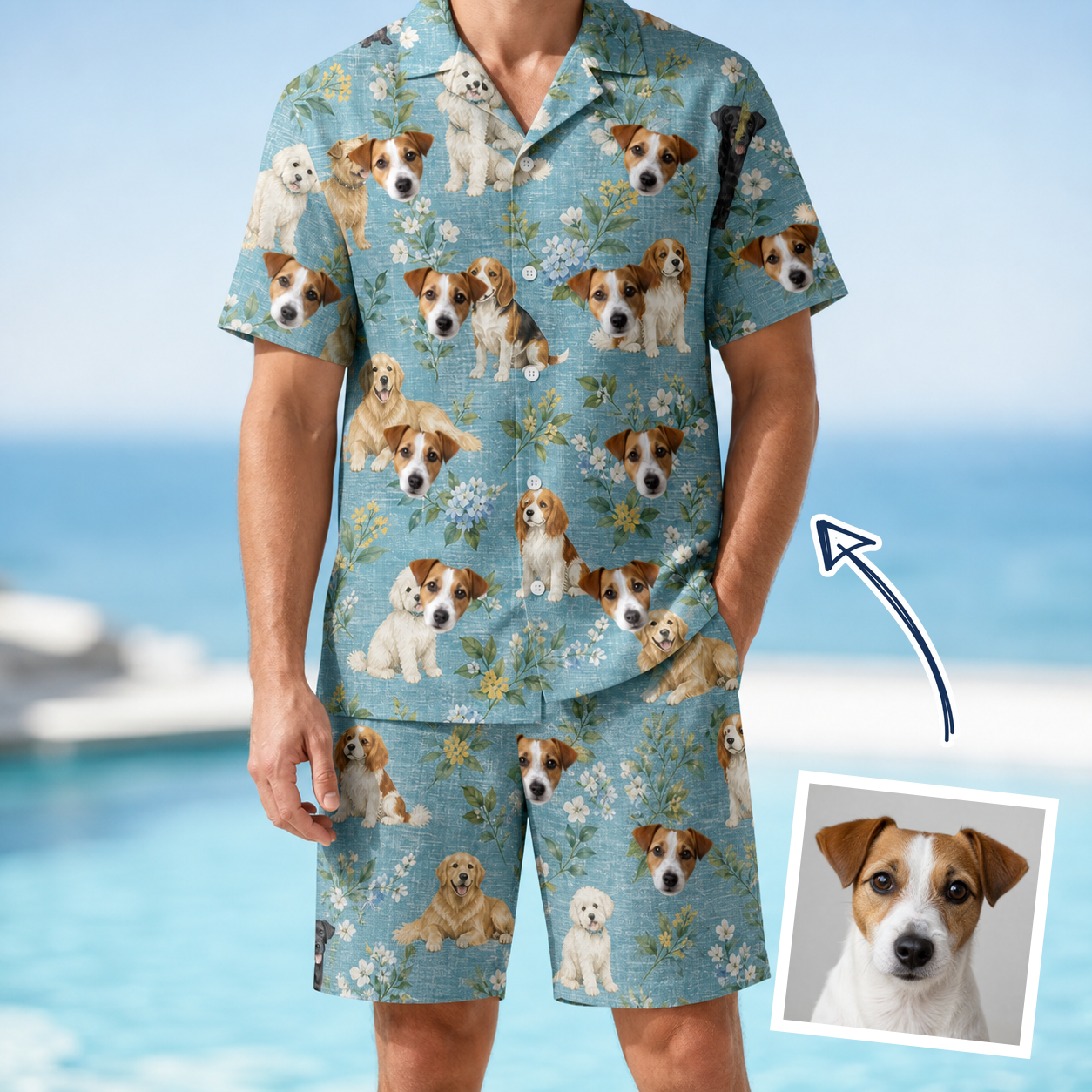 Man wearing Men's Doggone Doodles Custom Dog Face Shirt & Shorts Set — custom faces printed all-over
