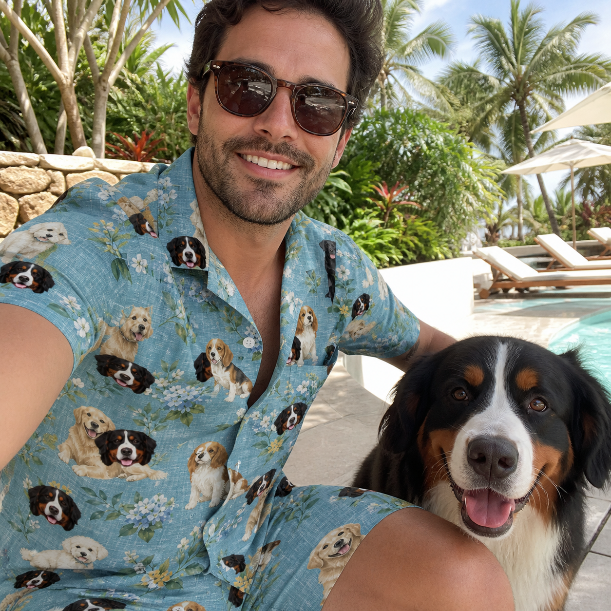 Selfie with the pet whose face is printed all over this Men's Doggone Doodles Custom Dog Face Shirt & Shorts Set