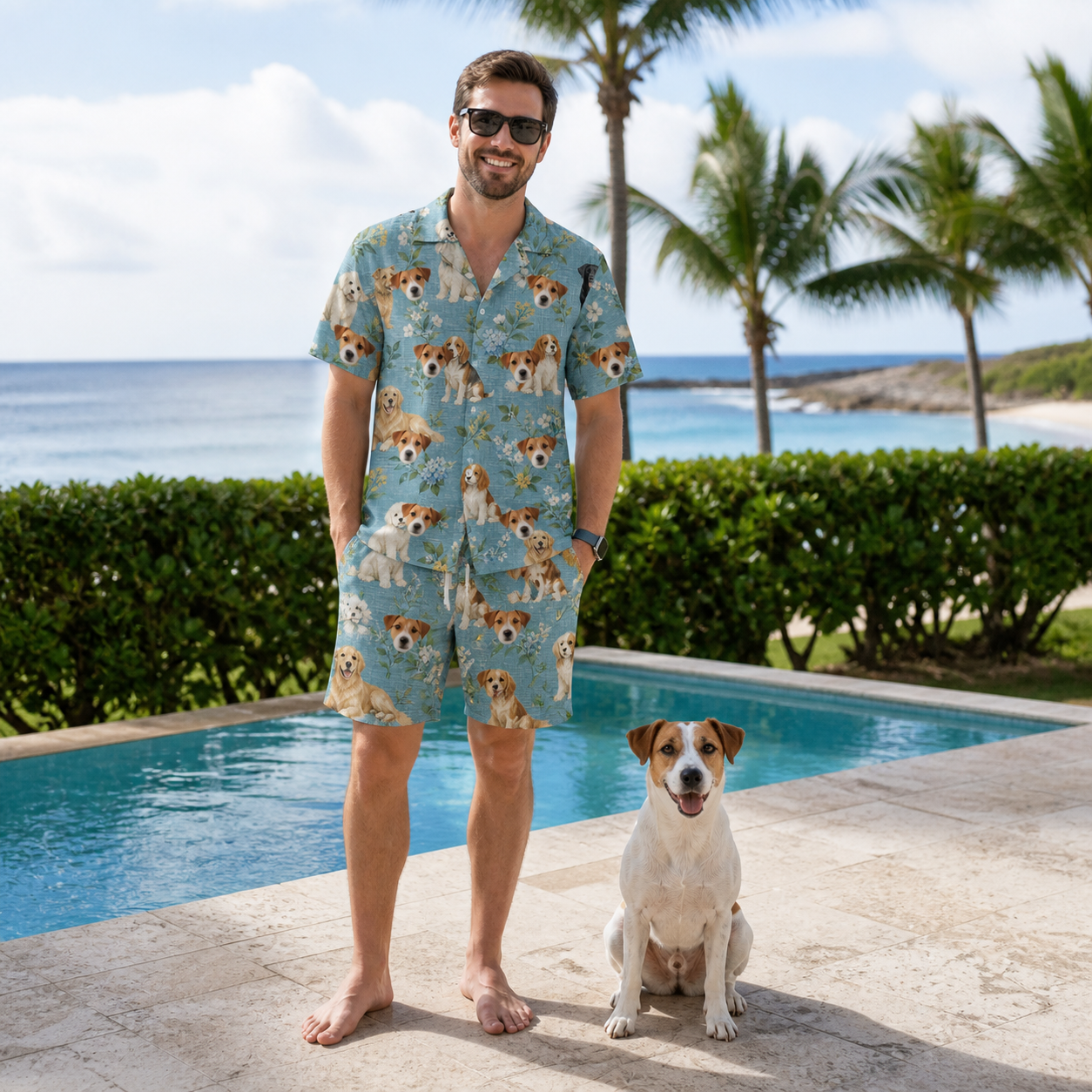 Full-length photo with the pet printed all over this Men's Doggone Doodles Custom Dog Face Shirt & Shorts Set