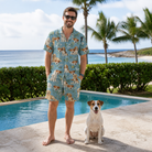 Full-length photo with the pet printed all over this Men's Doggone Doodles Custom Dog Face Shirt & Shorts Set