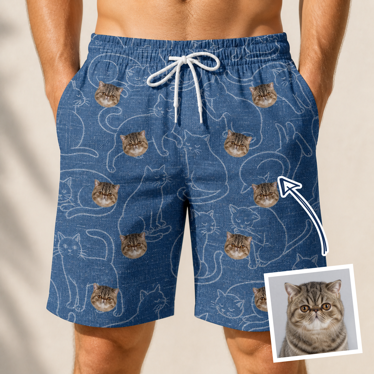 Man wearing Men's Mittens Mingle Custom Cat Face Beach Shorts — custom faces printed all-over
