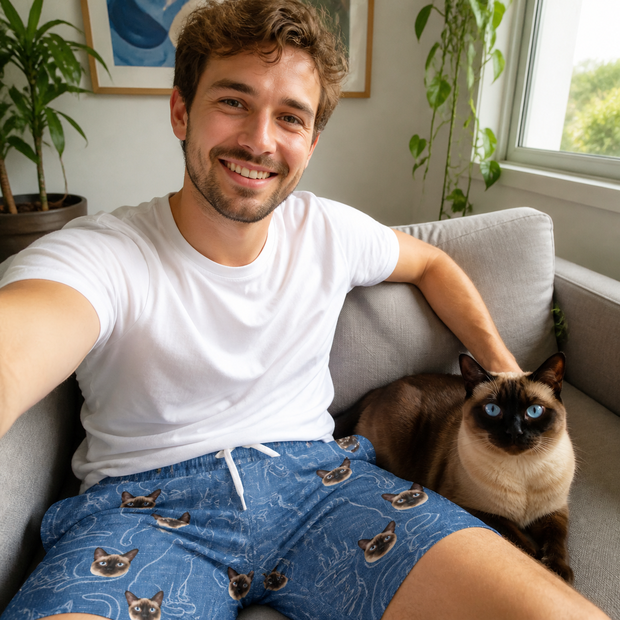 Selfie with the pet whose face is printed all over this Men's Mittens Mingle Custom Cat Face Beach Shorts