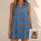Woman wearing Women's Mittens Mingle Custom Cat Face V-Neck Dress — custom faces printed all-over