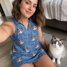 Selfie with the pet whose face is printed all over this Women's Mittens Mingle Custom Cat Face V-Neck Dress