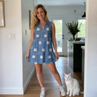 Full-length photo with the pet printed all over this Women's Mittens Mingle Custom Cat Face V-Neck Dress