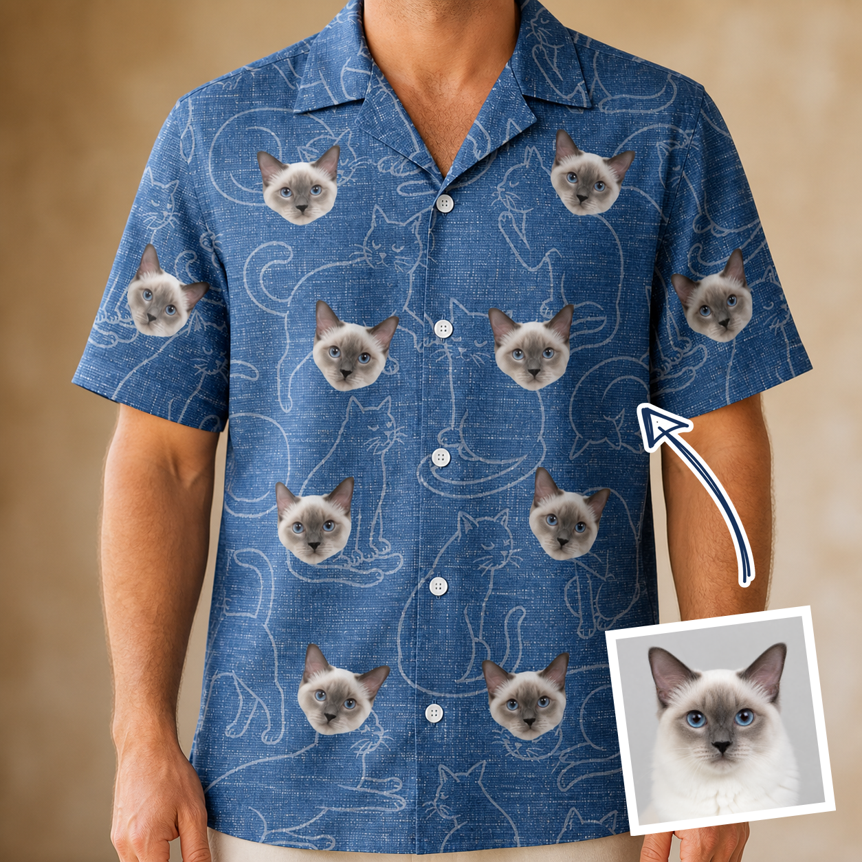 Man wearing Men's Mittens Mingle Custom Cat Face Hawaiian Shirt — custom faces printed all-over