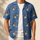 Man wearing Men's Mittens Mingle Custom Cat Face Hawaiian Shirt open over a white tee