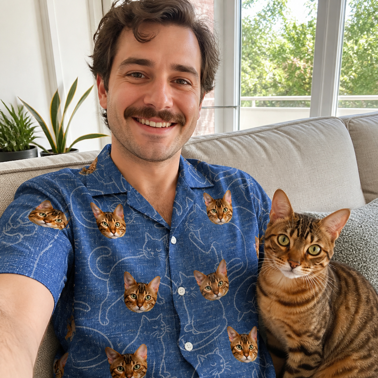 Selfie with the pet whose face is printed all over this Men's Mittens Mingle Custom Cat Face Hawaiian Shirt