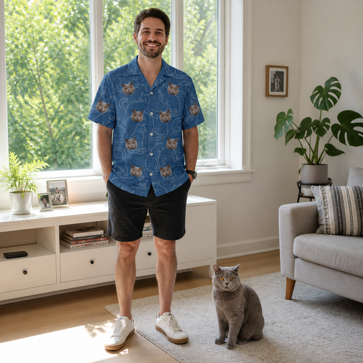 Full-length photo with the pet printed all over this Men's Mittens Mingle Custom Cat Face Hawaiian Shirt