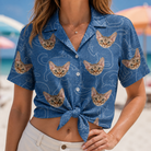 Woman wearing Women's Mittens Mingle Custom Cat Face Hawaiian Shirt tied at the waist