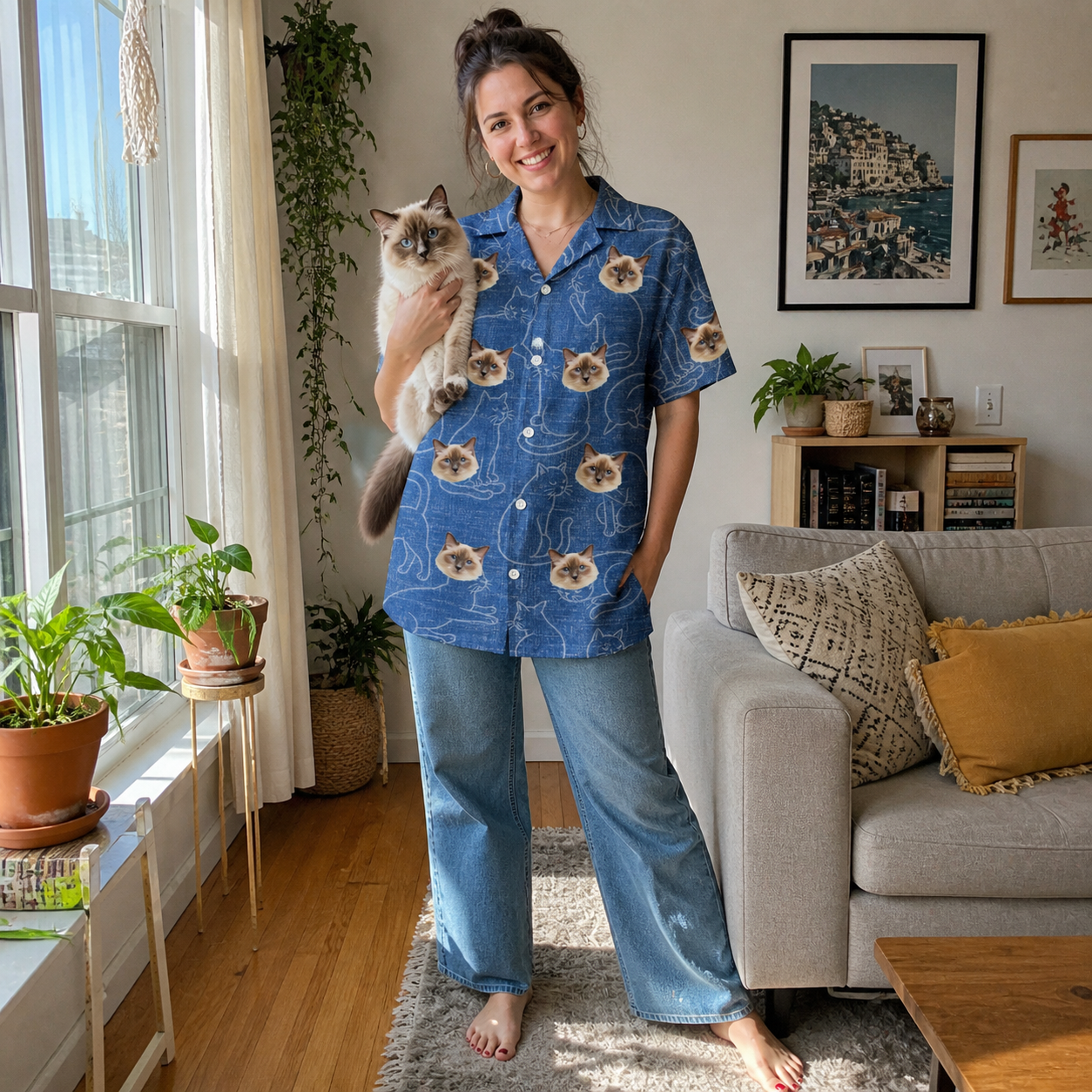 Full-length photo with the pet printed all over this Women's Mittens Mingle Custom Cat Face Hawaiian Shirt
