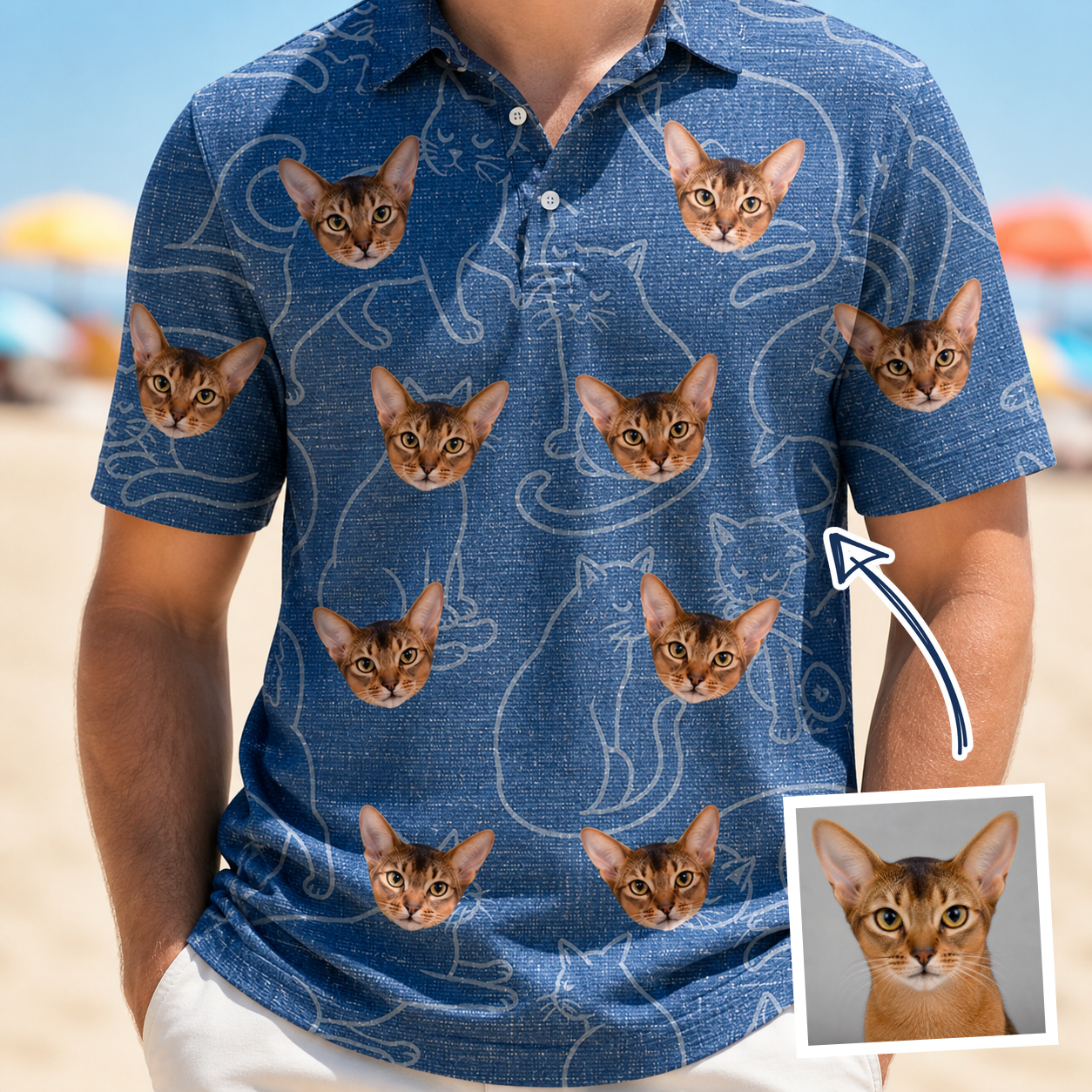 Man wearing Men's Mittens Mingle Custom Cat Face Polo Shirt — custom faces printed all-over