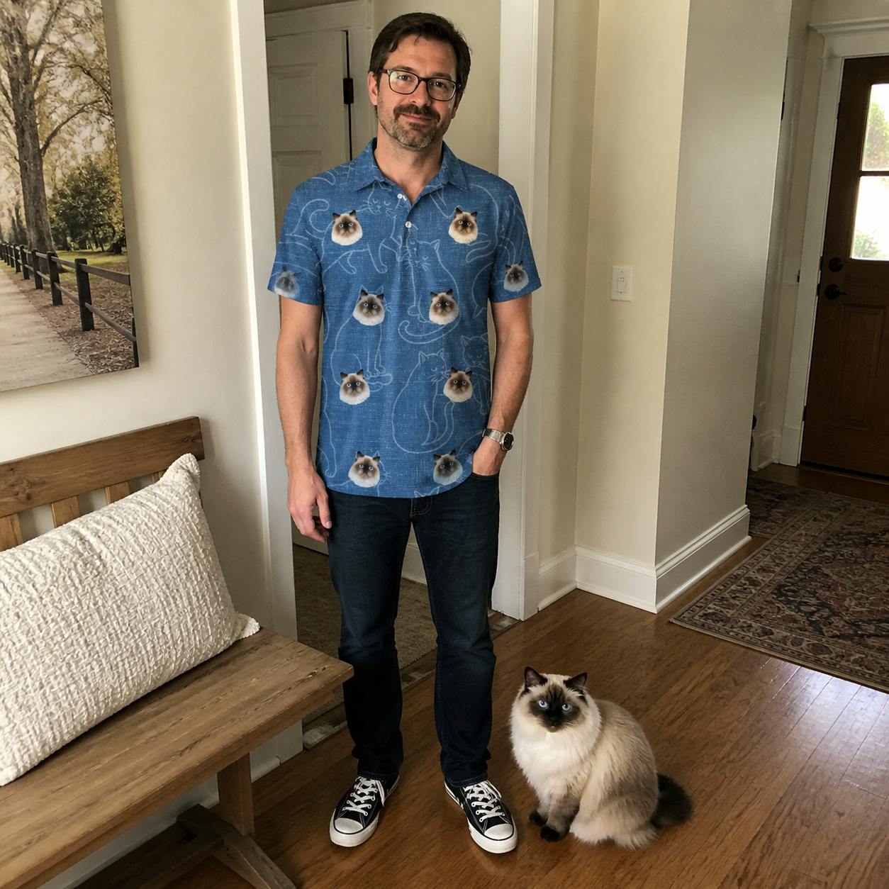 Full-length photo with the pet printed all over this Men's Mittens Mingle Custom Cat Face Polo Shirt