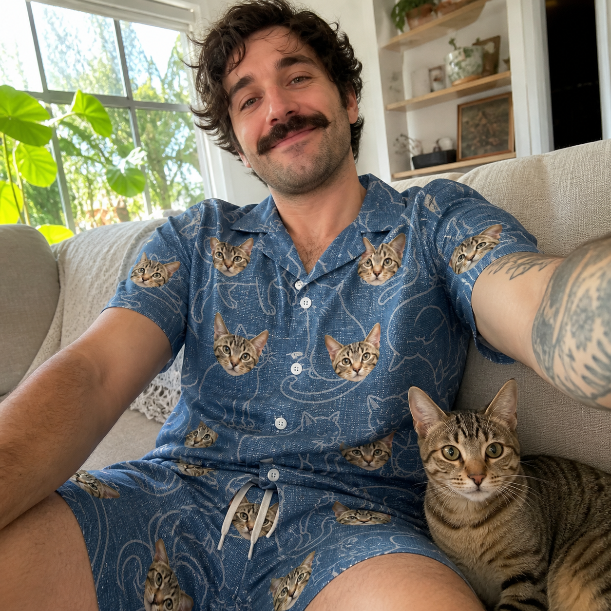 Selfie with the pet whose face is printed all over this Men's Mittens Mingle Custom Cat Face Shirt & Shorts Set